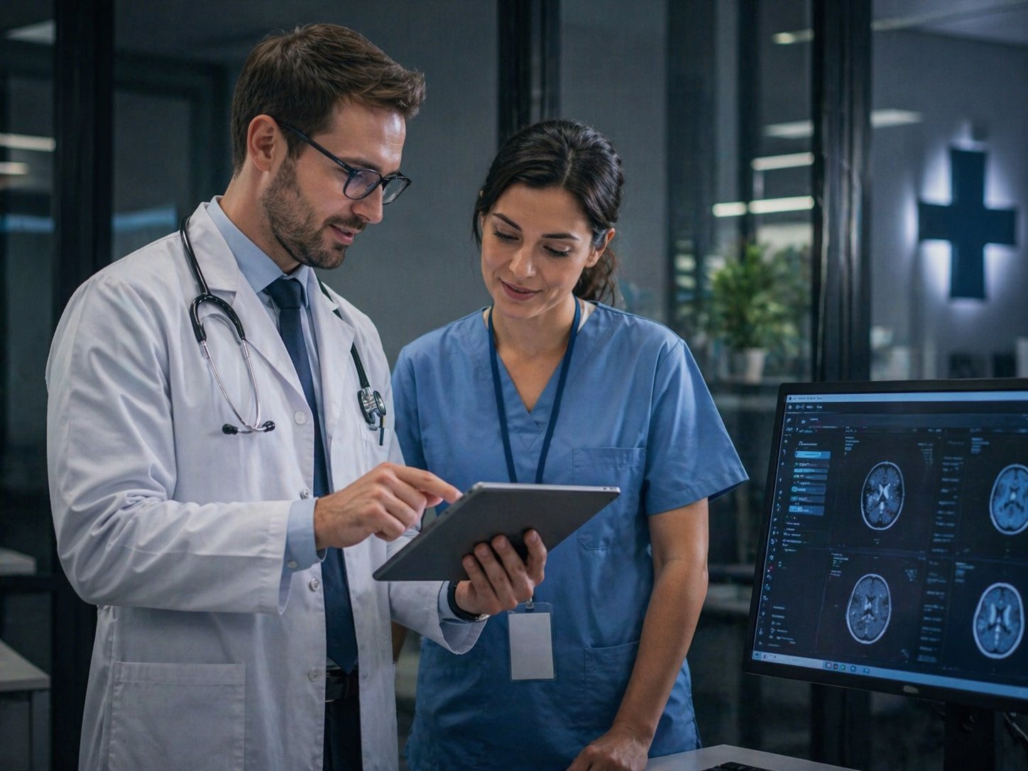 Ärztin und Arzt besprechen die Behandlungsdokumentation gemeinsam am Tablet